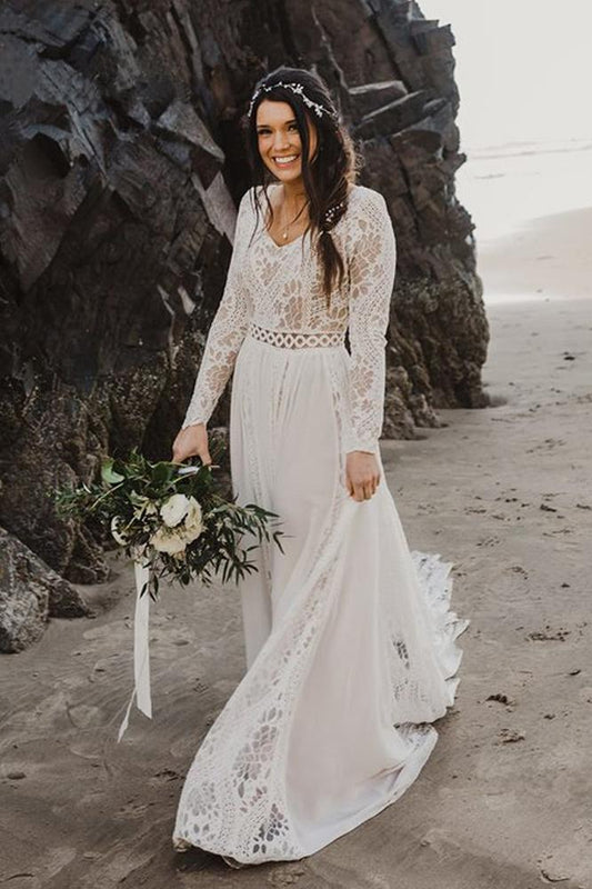 Charming A Line Long Sleeves V Neck Lace Ivory Beach Wedding Dresses, Bridal SJS20395