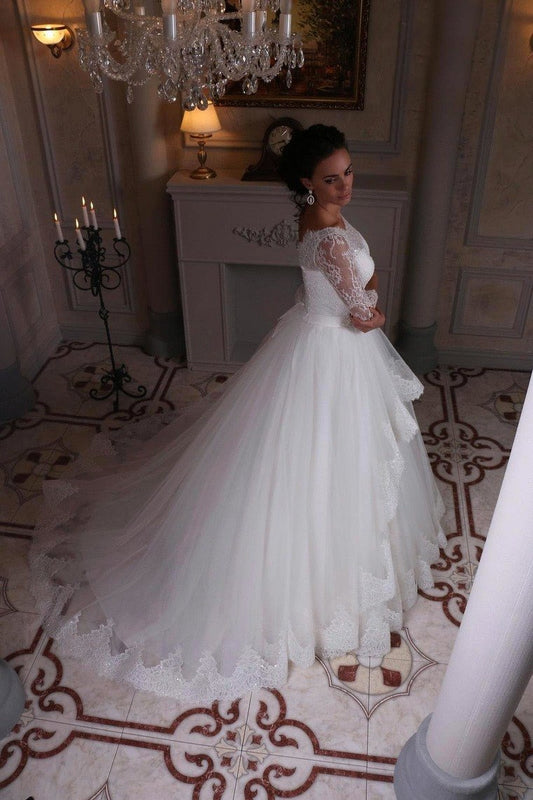 2024 3/4 Length Sleeve Wedding Dresses Ball Gown Tulle With Applique Sweep Train