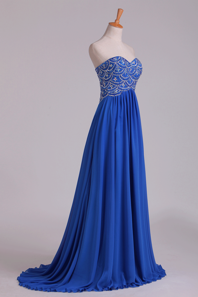 New Arrival Dark Royal Blue Sweetheart Prom Dresses A Line With Beaded Bodice Chiffon