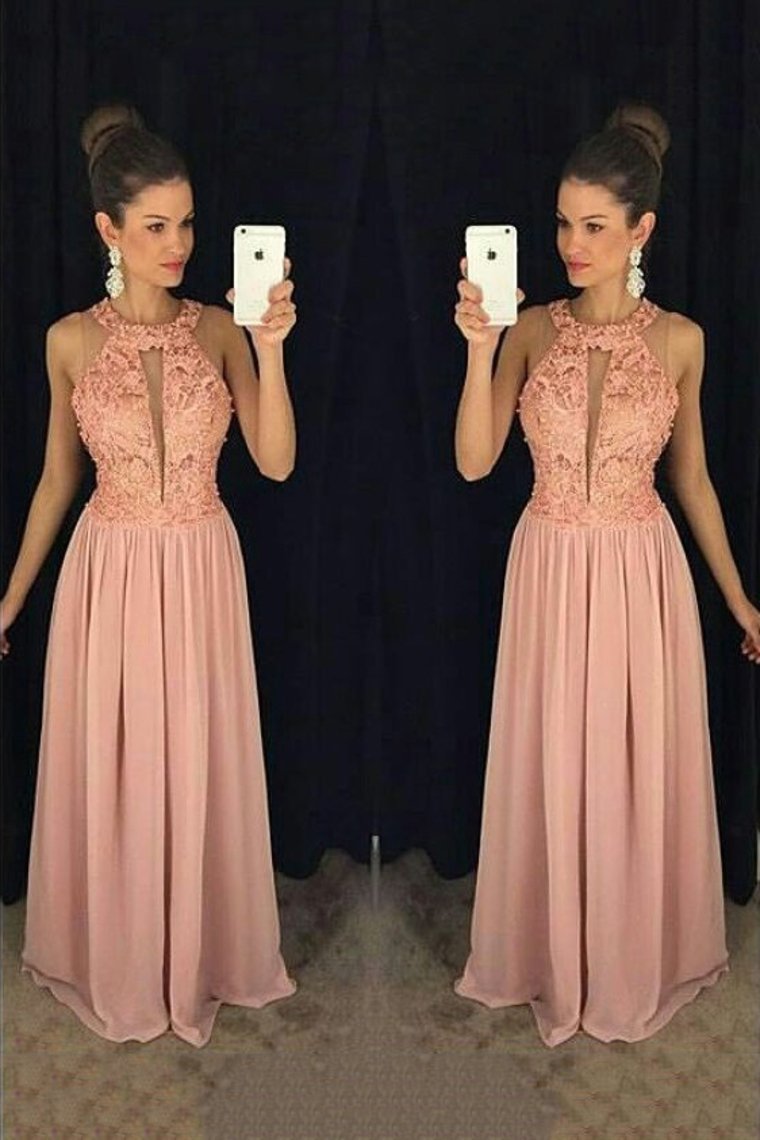 Scoop Chiffon Prom Dresses A Line With Applique And Beads