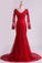 Red V-Neck Evening Dresses Mermaid With Applique Lace And Tulle