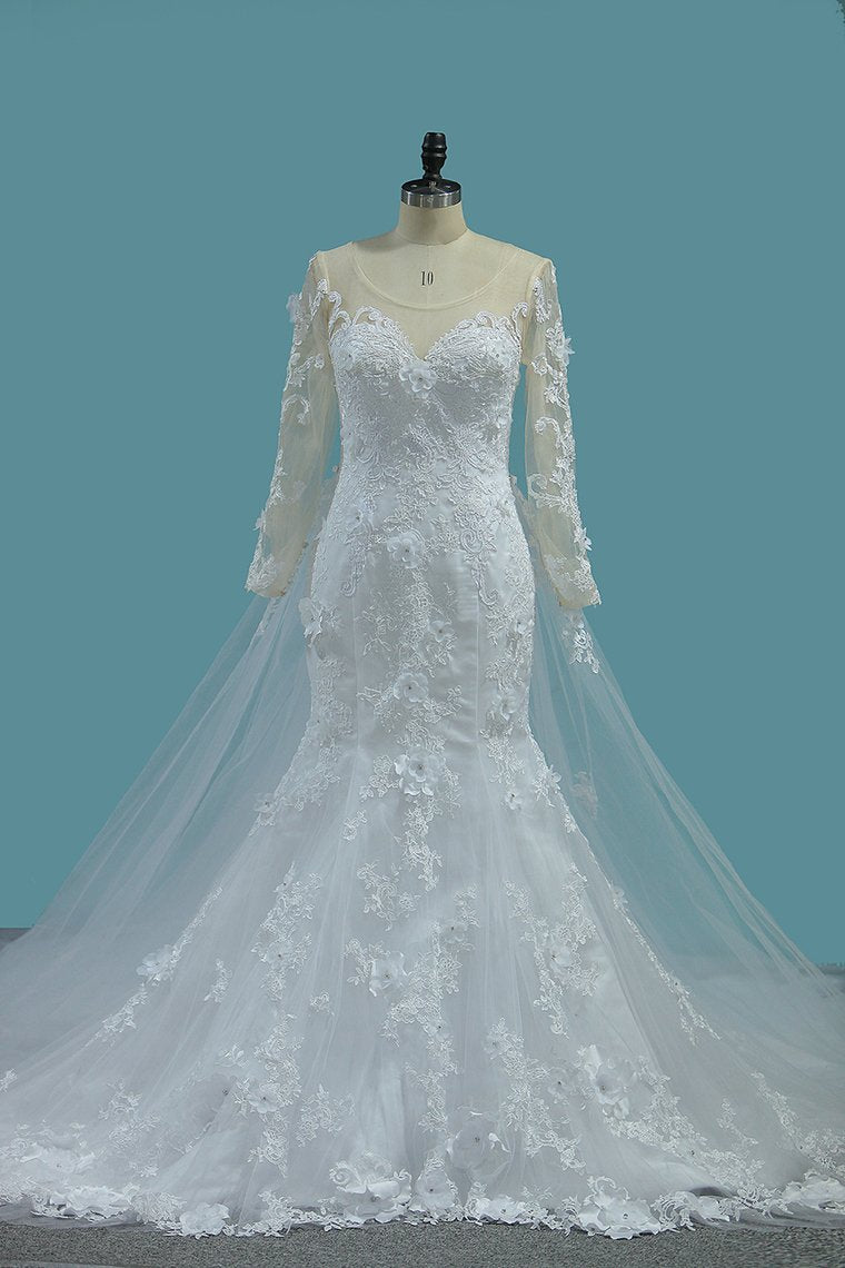 Scoop Long Sleeves Mermaid Wedding Dresses With Applique Tulle Chapel Train Detachable