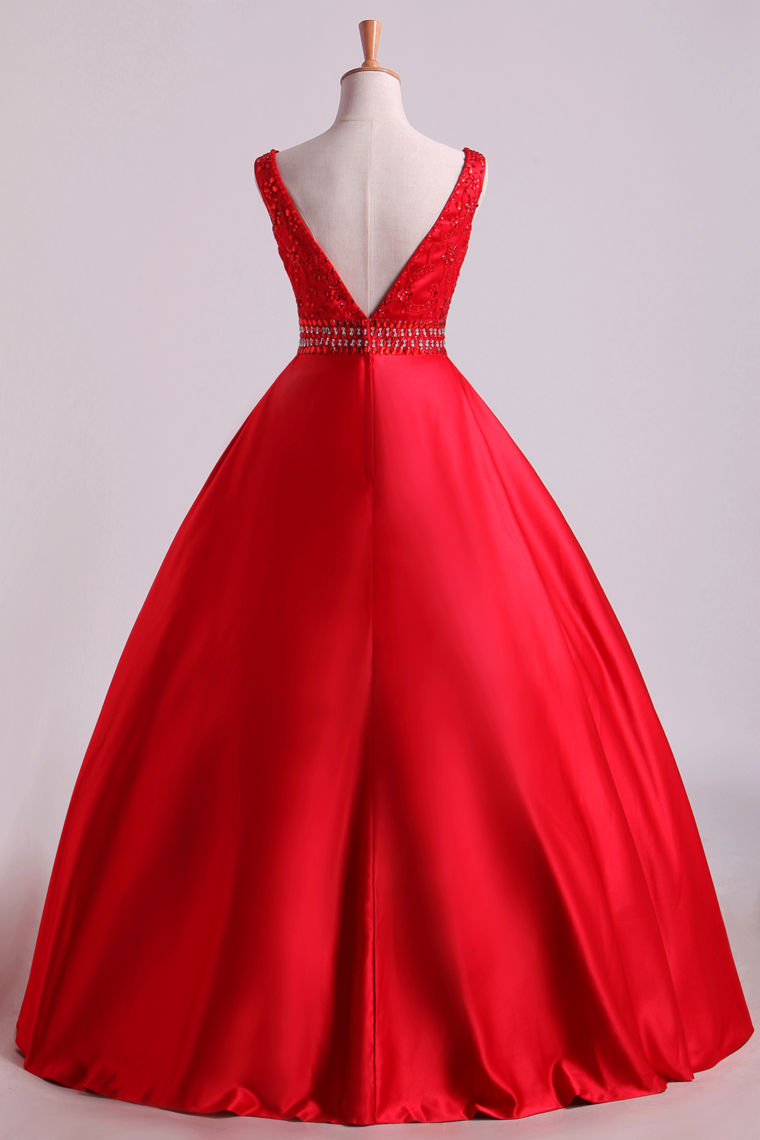Hot Red Satin Prom Dresses Straps Floor Length Beaded Bodice A Line