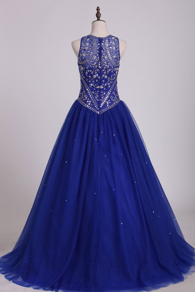 2024 Dark Royal Blue Scoop Quinceanera Dresses Ball Gown Tulle With Beading Court Train