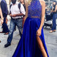 2 Pieces High Neck Royal Blue Beading Long Beautiful Prom Dresses For Teens