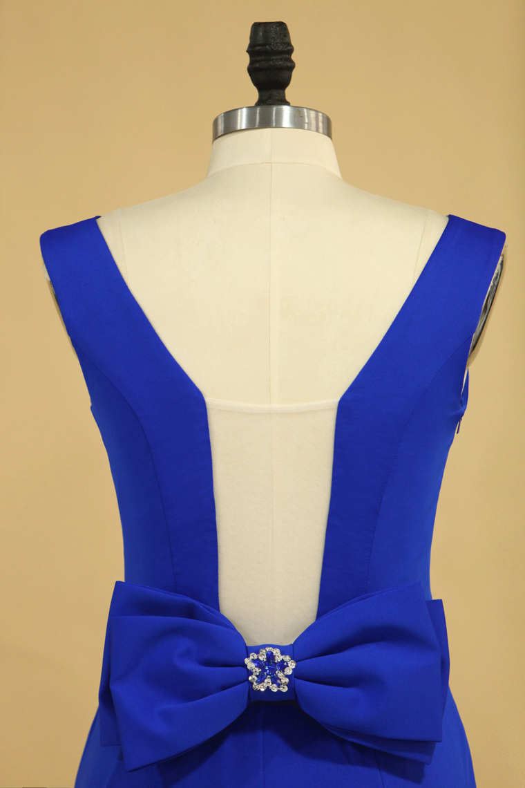 Plus Size Prom Dresses Square Neckline Sweep Train With Bow-Knot Dark Royal Blue
