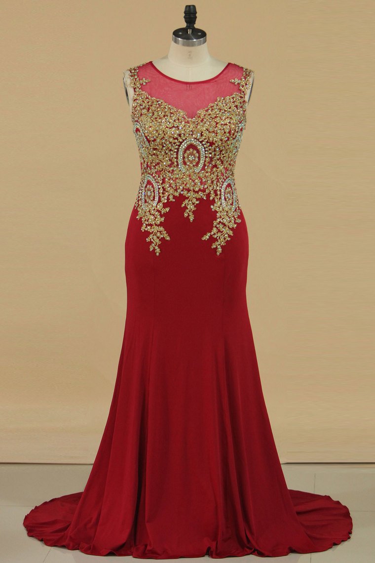 2024 Plus Size Prom Dresses Scoop Mermaid Spandex With Applique Sleeveless Burgundy/Maroon