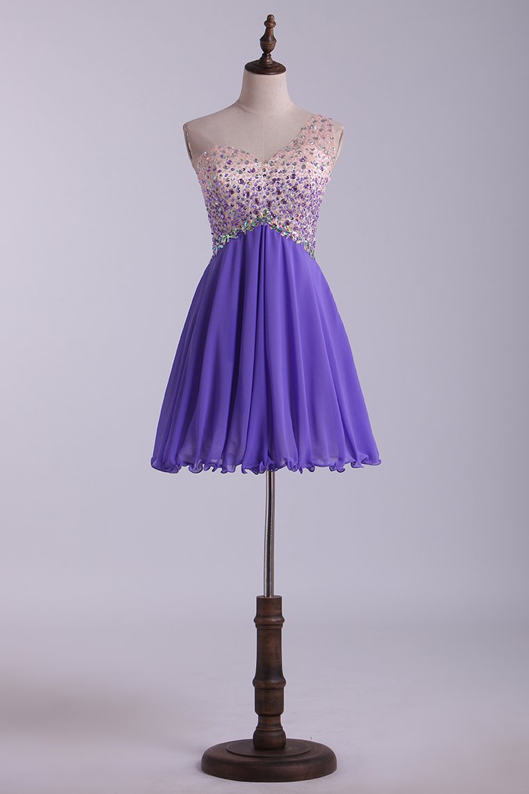 One Shoulder Homecoming Dresses A Line Tulle & Chiffon With Beading