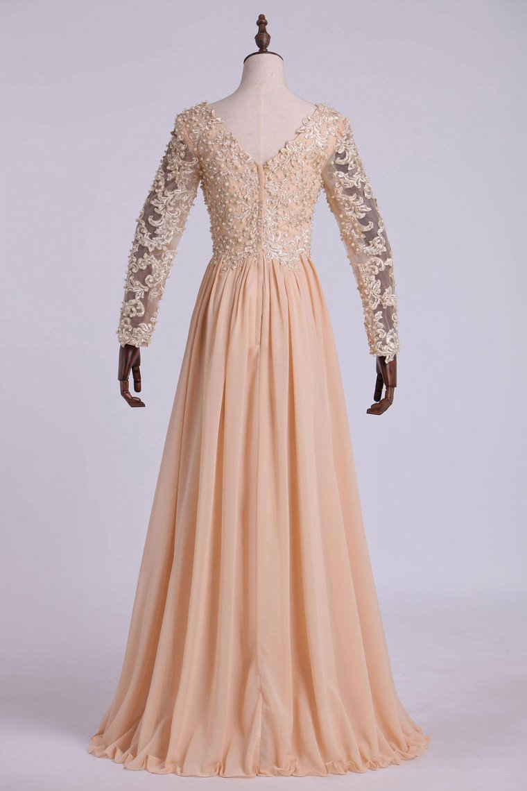 Best Selling Prom Dresses Long Sleeves A Line V Neck Chiffon