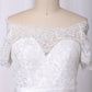 2024 A Line Boat Neck Wedding Dresses Short Sleeves Tulle With Applique Chapel Train