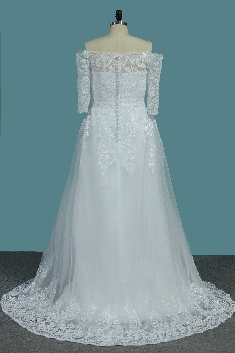 Tulle A Line Boat Neck 3/4 Length Sleeves Wedding Dresses With Applique