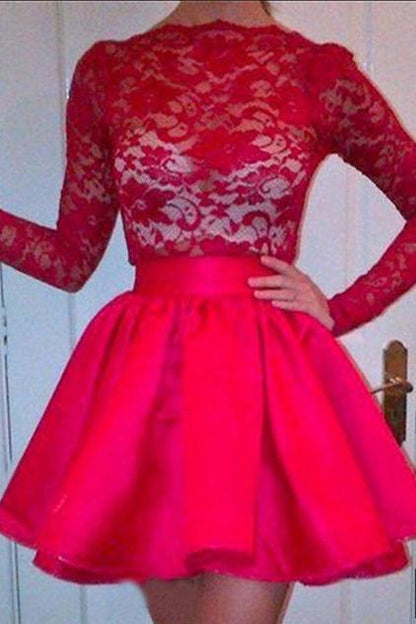 High Neckline Long Sleeves Red Lace Top Short Prom Dresses, Homecoming Dresses SRS15237