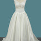 A Line Satin Scoop Wedding Dresses With Applique Asymmetrical