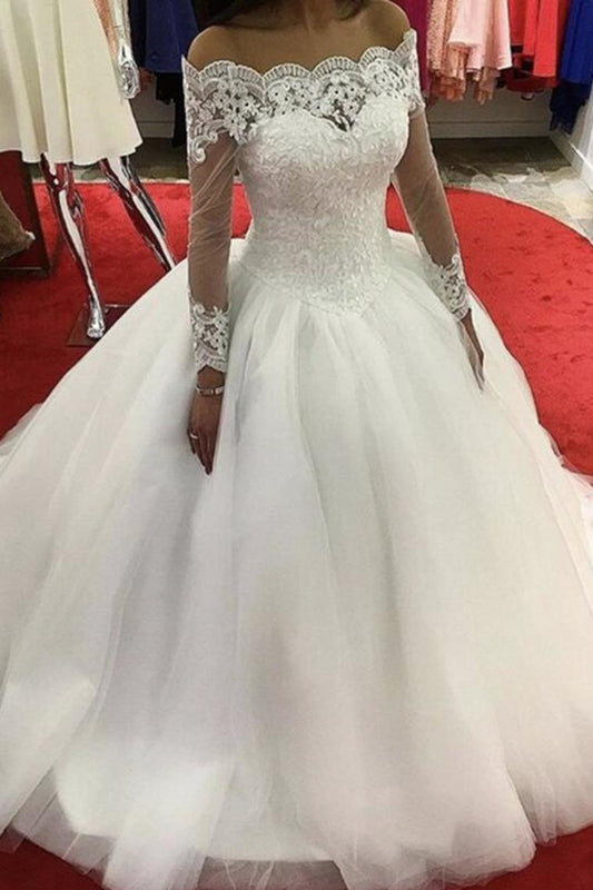 2024 Boat Neck Long Sleeves Wedding Dresses Ball Gown Tulle With Appliques