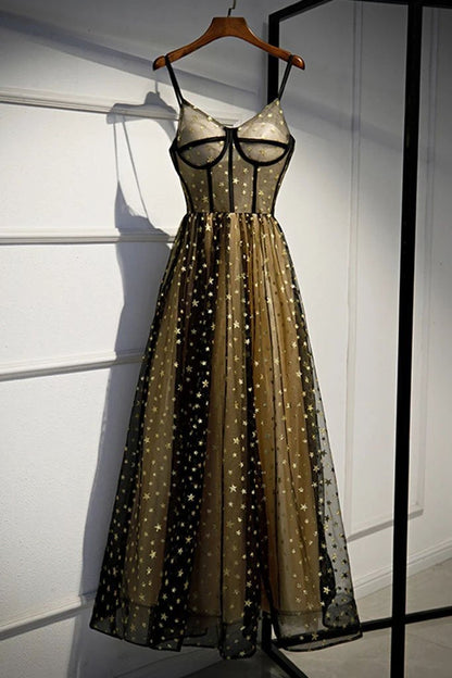 Charming Spaghetti Straps Sweetheart Black Tulle Prom Dresses with Stars, Party Dresses SRS15127