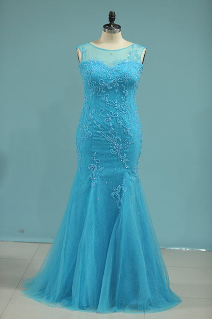 2024 Scoop Mermaid Prom Dresses With Beads Lace And Tulle Sweep Train