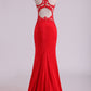 Red High Neck Open Back Prom Dresses With Applique Sweep Train Spandex