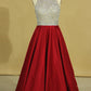 Burgundy Scoop Open Back Beaded Bodice A Line Prom Dresses Satin & Tulle Plus Size