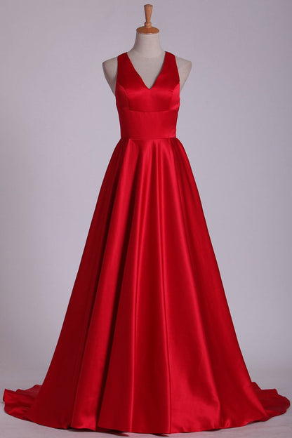 2024 Red V Neck Evening Dresses A Line Sweep Train  With Slit & Ruffles