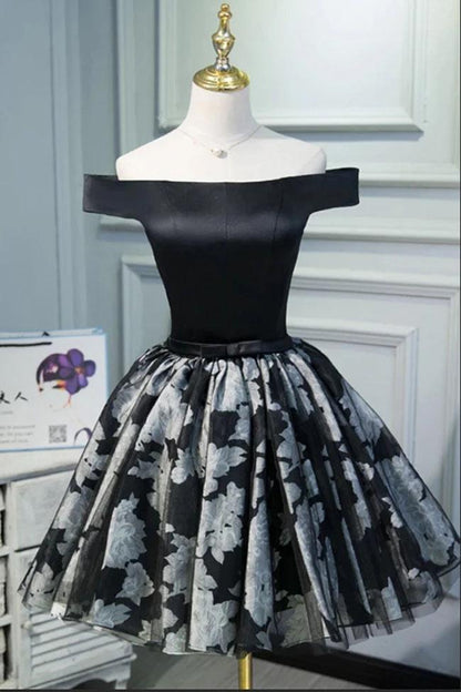 Black Satin Off the Shoulder Cute Homecoming Dresses Short Prom Dress Hoco Gowns SRS14967
