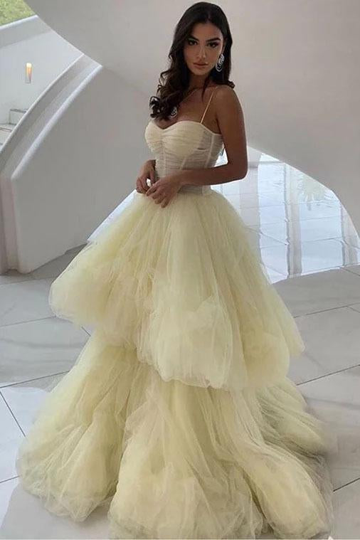 Princess A Line Spaghetti Straps Daffodil Layers Tulle Prom Dresses, Sweetheart Prom Gowns SRS15284