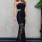 Sexy Mermaid Strapless Floor-Length Black Lace Cut Out Sleeveless Prom Dresses