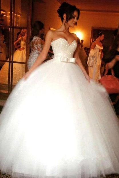 Ball Gown Bowknot Sweetheart Tulle Wedding Dresses Strapless Ivory Wedding Gowns SRS14966