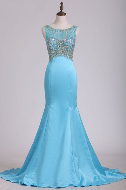 2024 Hot And New Arrival See-Through Scoop Prom Dresses With Beading Sweep Train Satin