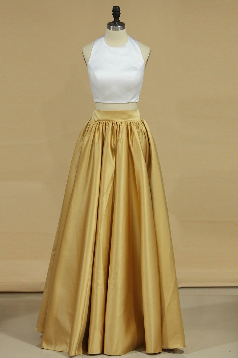 2024 Bicolor Two-Piece Halter A Line Prom Dresses Satin Floor Length