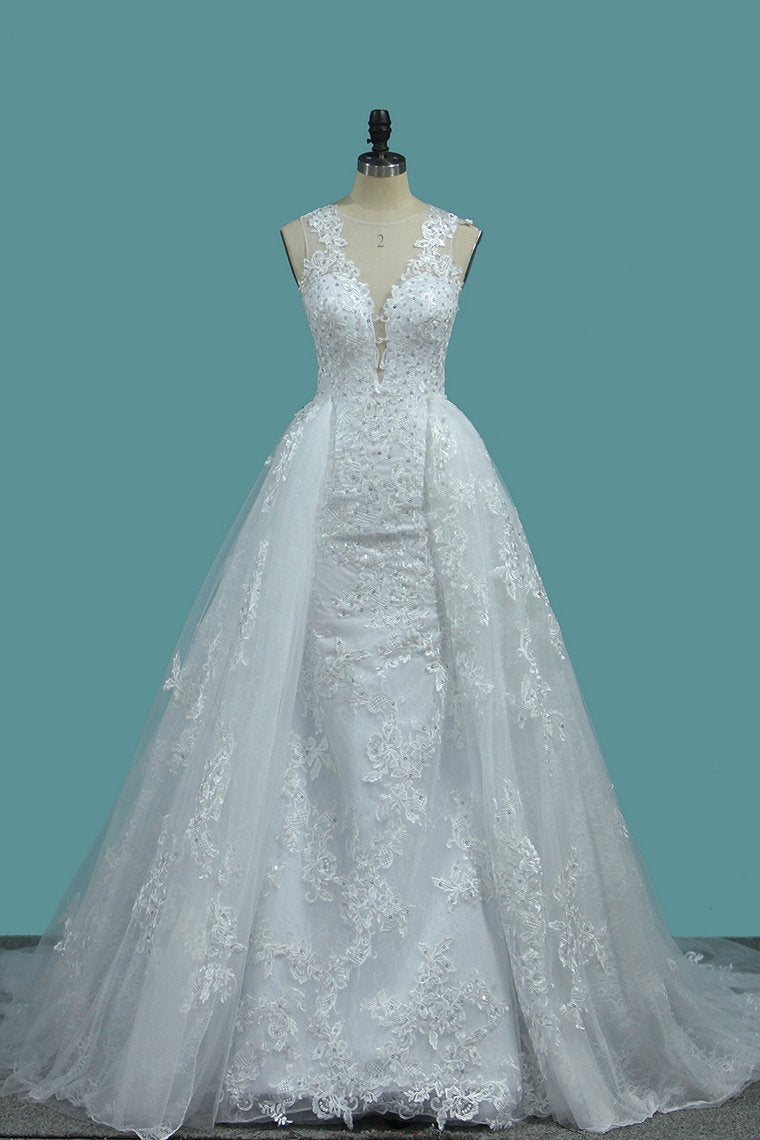 2024 Scoop Tulle Mermaid With Applique Court Train Detachable Wedding Dresses