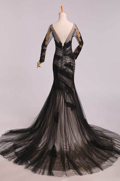 2024 Elegant Evening Dresses Mermaid Black Scoop Tulle With Applique Chic Mother Of Bridal Dresses