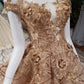Gold Lace Prom Dresses Lace Up With Appliques Off The Shoulder