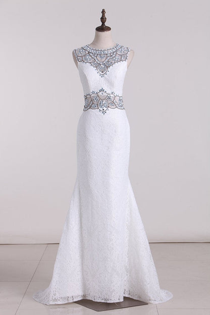 2024 Lace Scoop With Beading Mermaid Sweep Train Prom Dresses