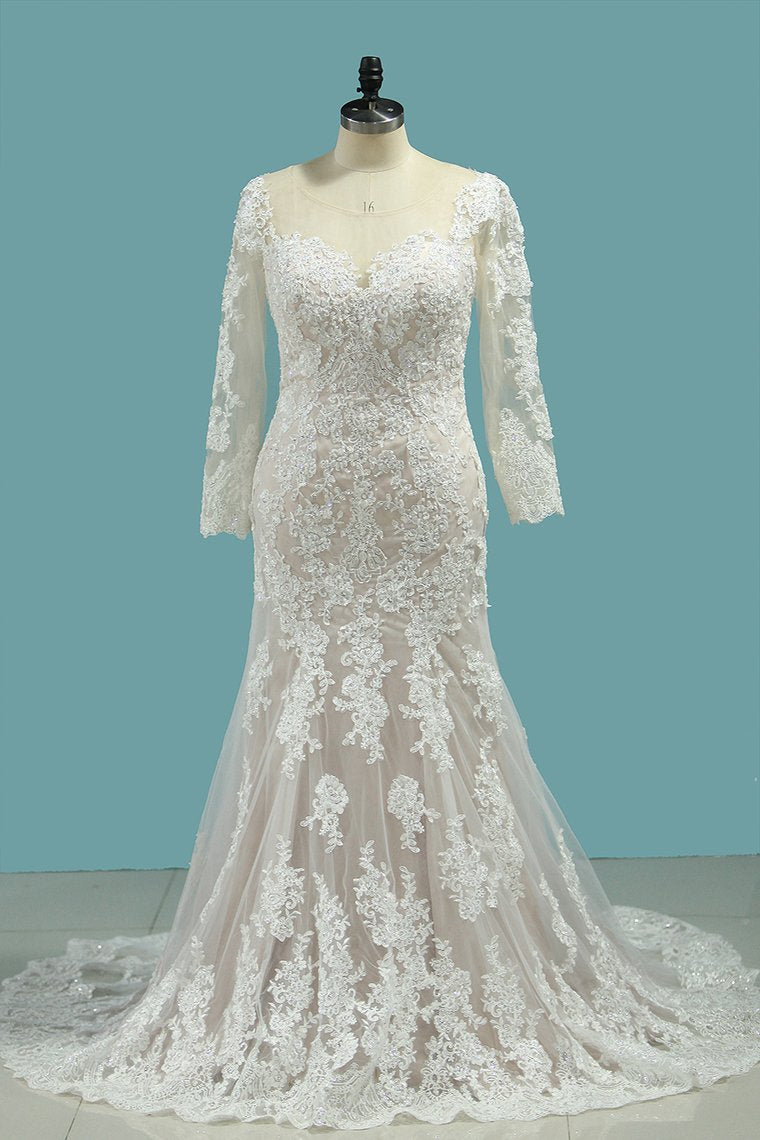 2024 Bateau Wedding Dresses Mermaid Long Sleeve Tulle With Applique Sweep Train