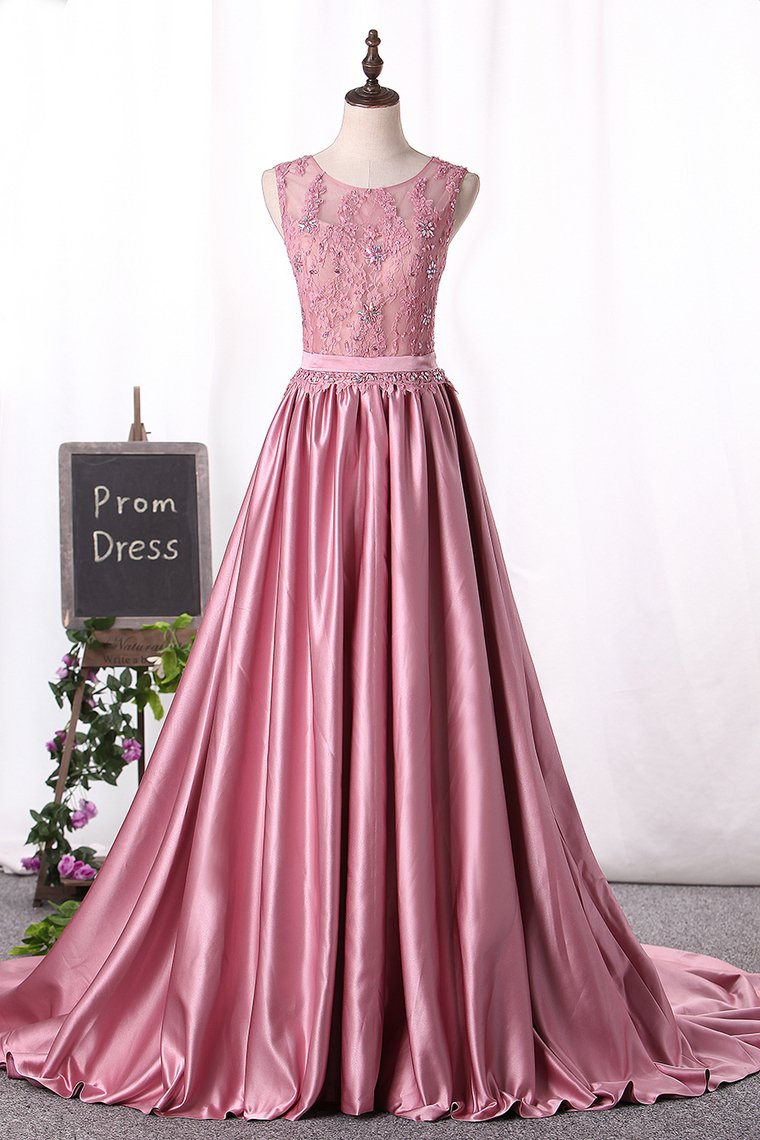 2024 Scoop A Line Satin Evening Dresses With Applique And Beads Sash/Ribbon
