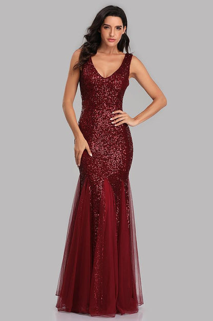 Sexy Burgundy Tulle V Neck Mermaid Sequin Prom Dresses, Evening Party Dresses SRS15332