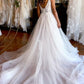 Charming A Line V Neck Tulle Beach Wedding Dresses with Appliques