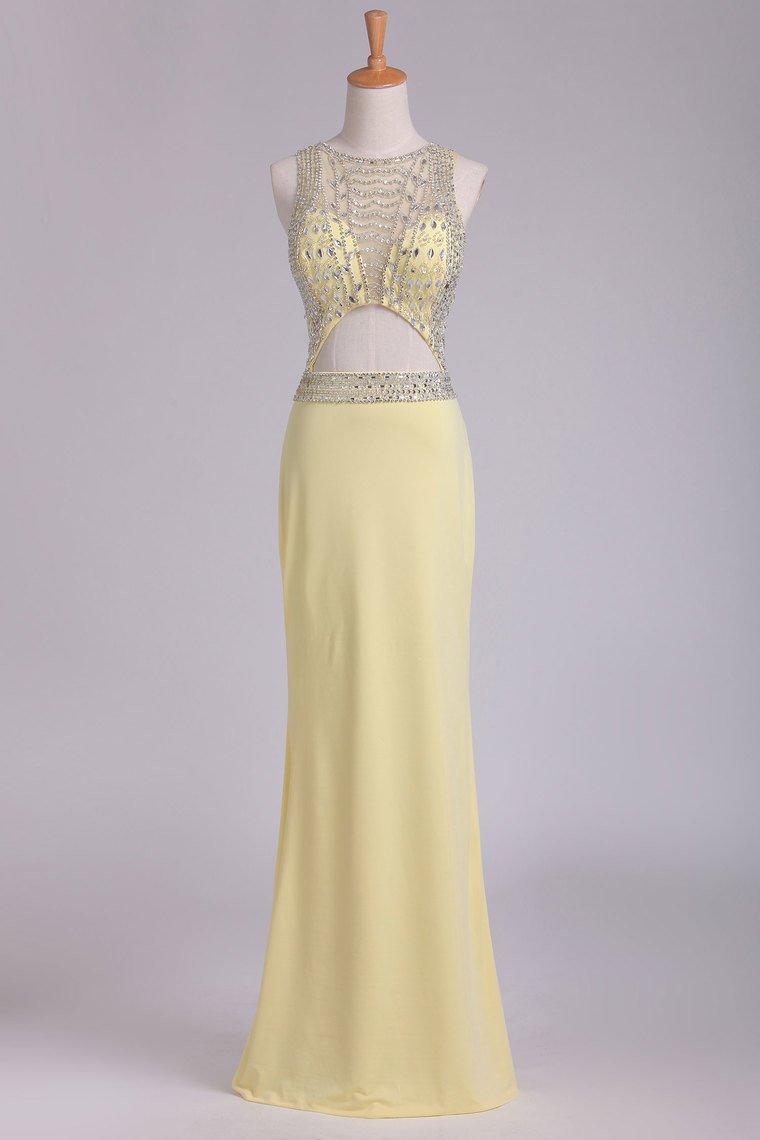Sexy Open Back Scoop A Line Floor Length Prom Dresses Spandex With Beading