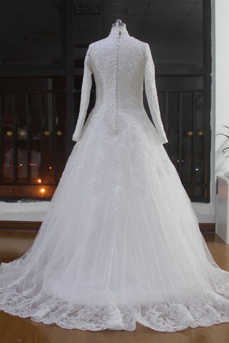 High Neck Wedding Dresses A Line Tulle Muslim With Applique