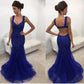 Sexy Open Back Straps Beaded Bodice Prom Dresses Mermaid Tulle