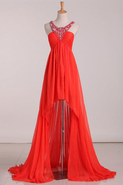 2024 Asymmetrical A Line Prom Dresses Scoop With Beading Chiffon