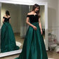 Unique A line Black And Green Long Elegant Off the Shoulder Satin Prom Dresses JS106
