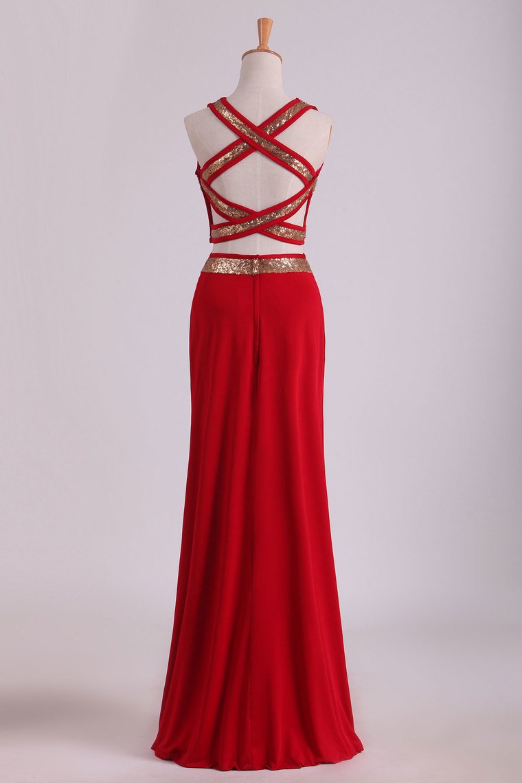 2024 Open Back Prom Dresses Two Pieces Spandex With Beads And Slit Sheath
