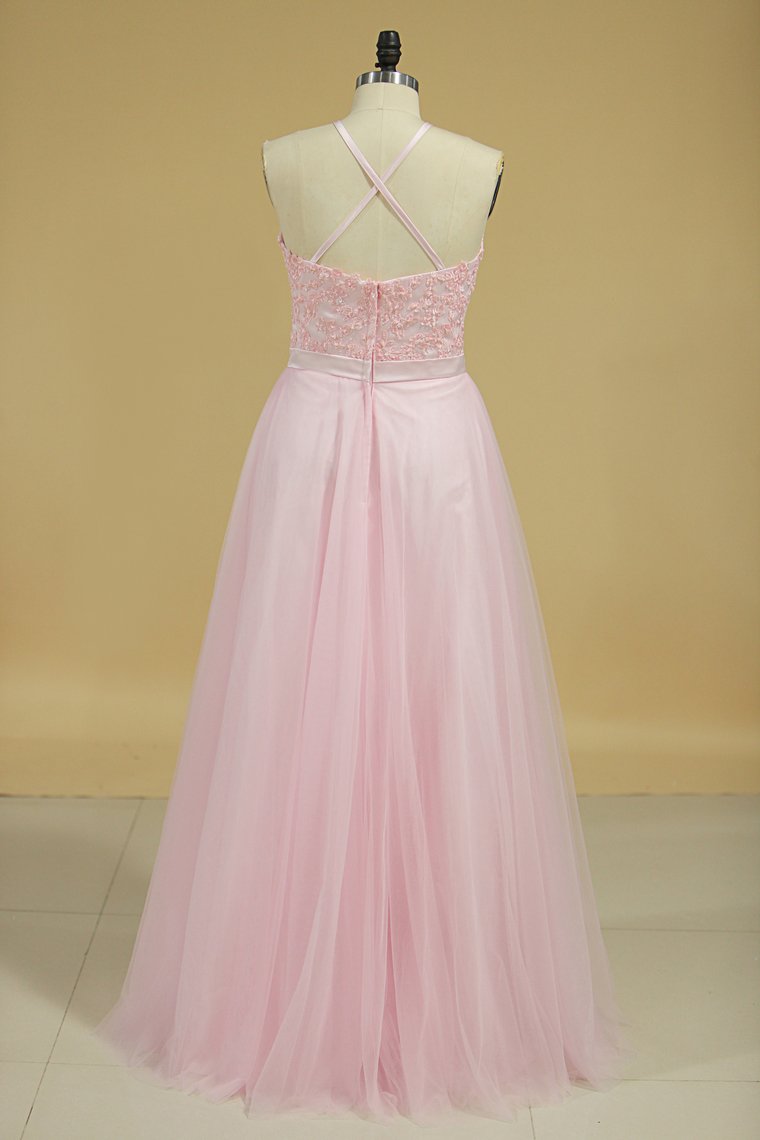 2024 Bridesmaid Dresses Scoop Open Back Tulle With Embroidery And Beads