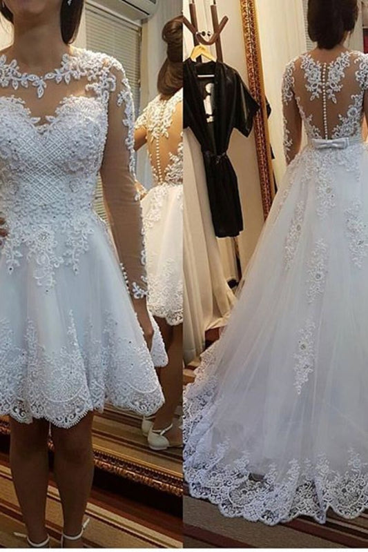 2022 A Line Scoop Neck Wedding Dresses Chapel Train Tulle With Applique & Beading Detachable Skirt Long Sleeves