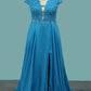 V Neck Short Sleeves Prom Dresses Chiffon With Beading And Slit Sweep Train
