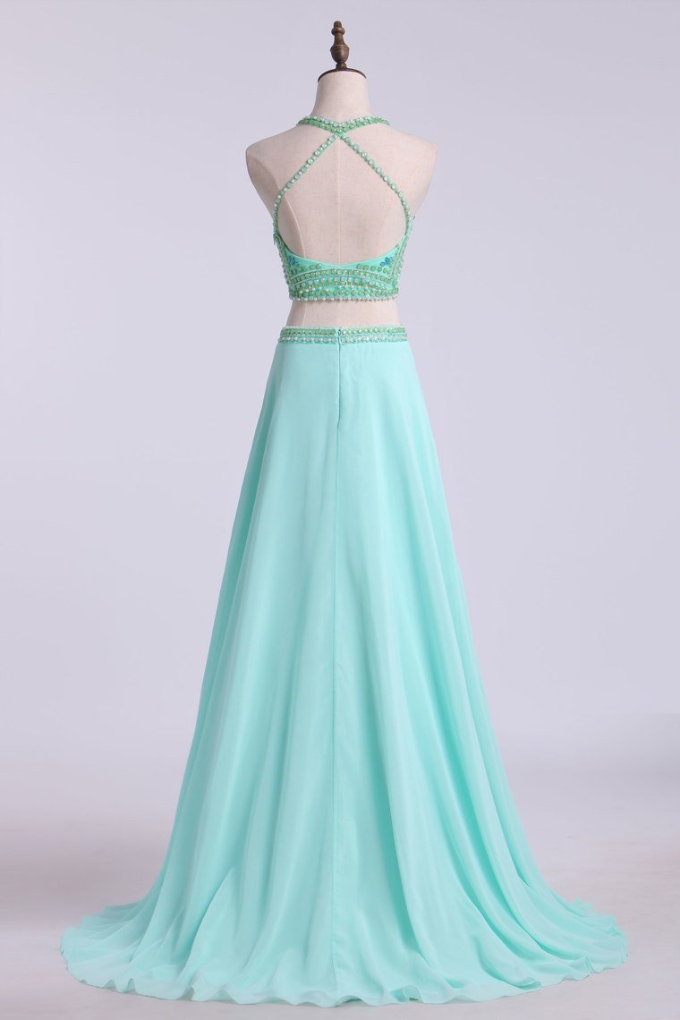 Prom Dresses Two Pieces Halter A Line Chiffon Beaded Bodice
