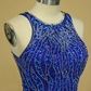 Dark Royal Blue Open Back Prom Dresses Scoop Spandex With Beading And Slit Sweep Train