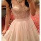 Tulle Sweetheart A Line Prom Dresses With Applique Sweep Train