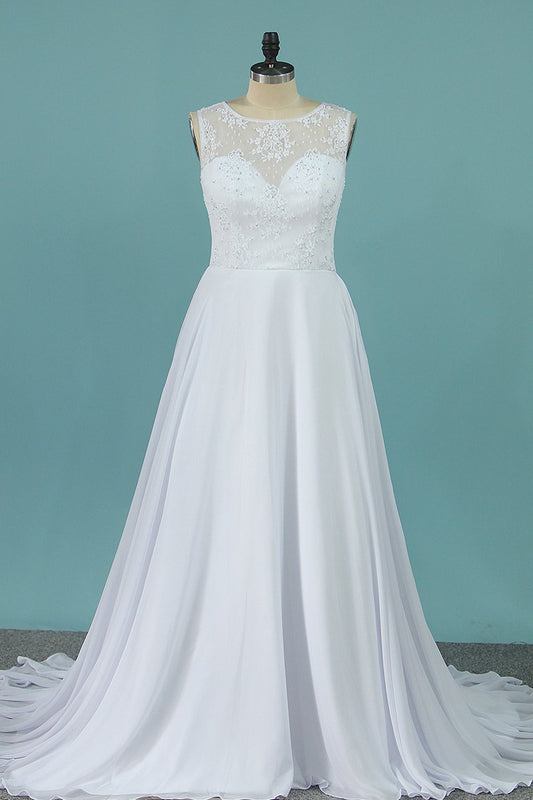 2022 A Line Scoop Chiffon Wedding Dresses With Applique Sweep Train